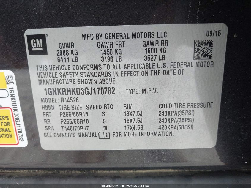 2016 Chevrolet Traverse 2Lt VIN: 1GNKRHKD3GJ170782 Lot: 43287027