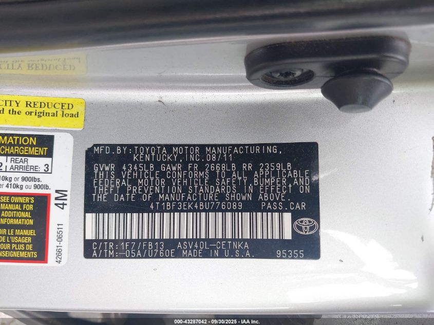 2011 Toyota Camry Le VIN: 4T1BF3EK4BU776089 Lot: 43287042