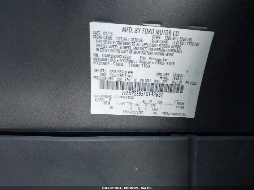 2015 Ford Taurus Sel VIN: 1FAHP2E85FG143637 Lot: 43287054