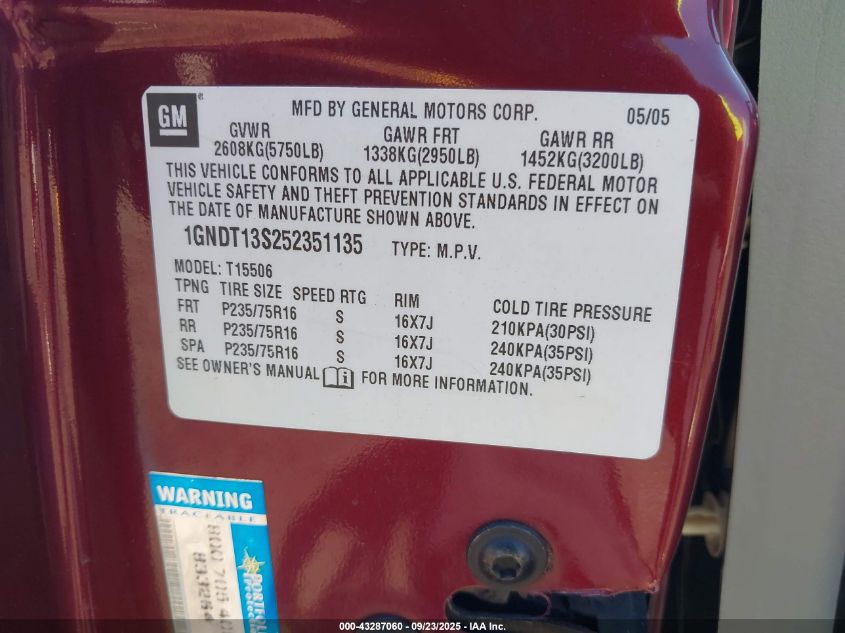 2005 Chevrolet Trailblazer Ls VIN: 1GNDT13S252351135 Lot: 43287060