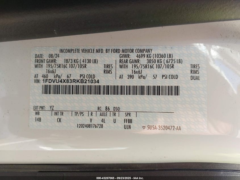 2024 Ford Transit-350 Passenger Van VIN: 1FDVU4X83RKB21034 Lot: 43287065