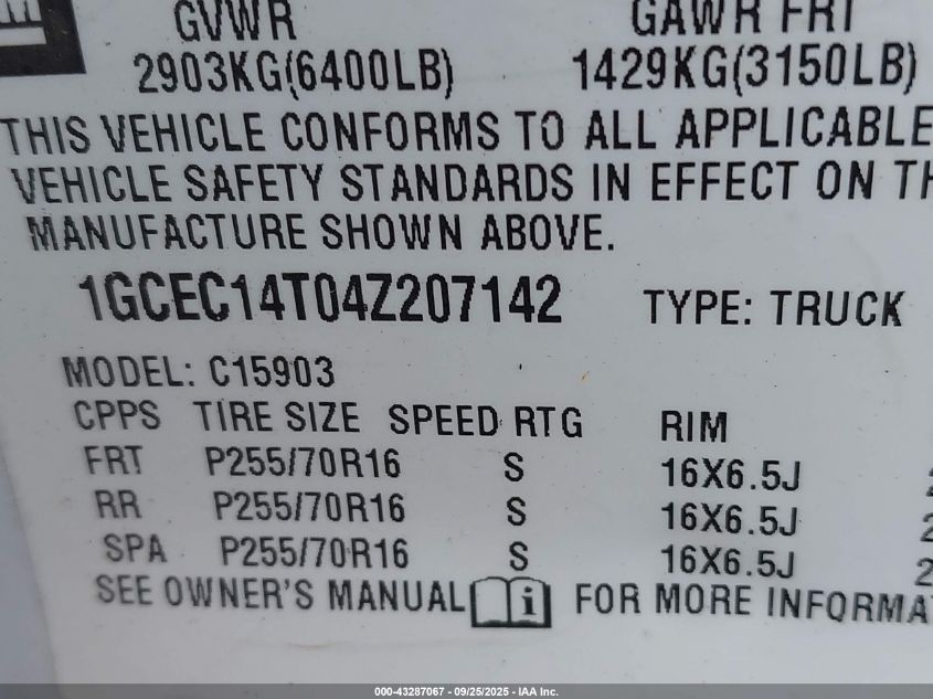 2004 Chevrolet Silverado 1500 VIN: 1GCEC14T04Z207142 Lot: 43287067