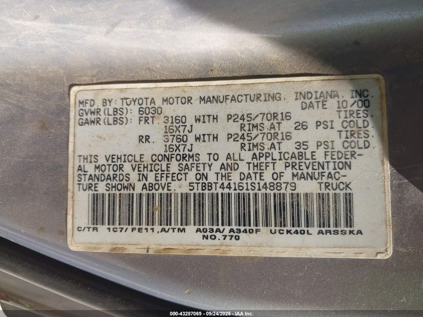 2001 Toyota Tundra Sr5 V8 VIN: 5TBBT44161S148879 Lot: 43287069
