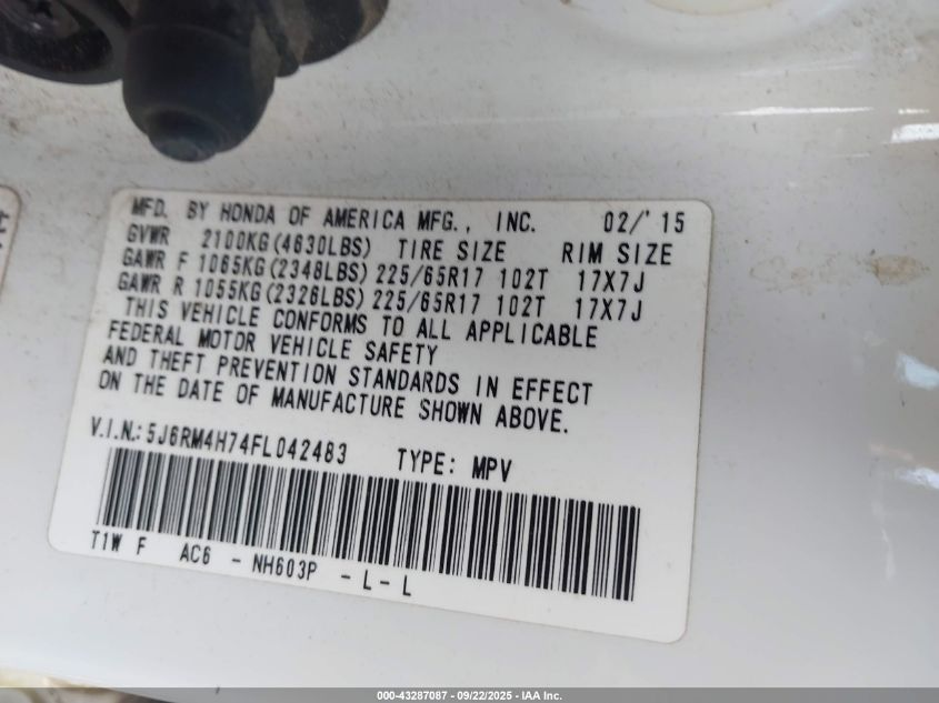 2015 Honda Cr-V Ex-L VIN: 5J6RM4H74FL042483 Lot: 43287087