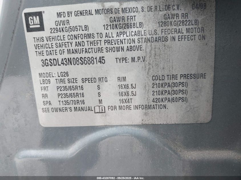 2008 Saturn Vue V6 Xe VIN: 3GSDL43N08S688145 Lot: 43287092