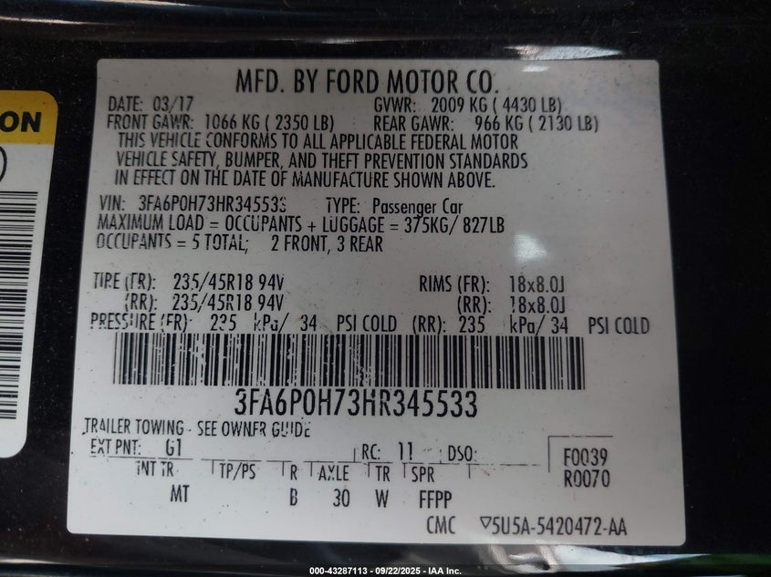 2017 Ford Fusion Se VIN: 3FA6P0H73HR345533 Lot: 43287113