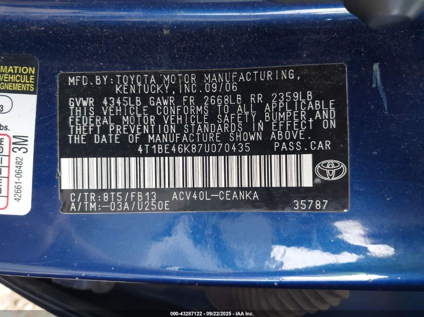 2007 Toyota Camry Le VIN: 4T1BE46K87U070435 Lot: 43287122