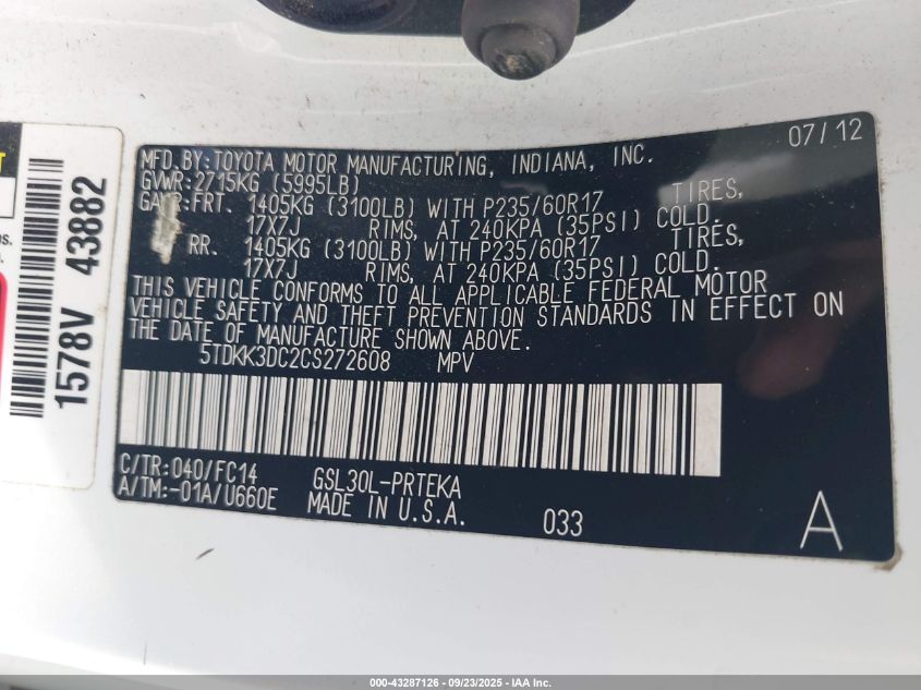 2012 Toyota Sienna Le V6 8 Passenger VIN: 5TDKK3DC2CS272608 Lot: 43287126