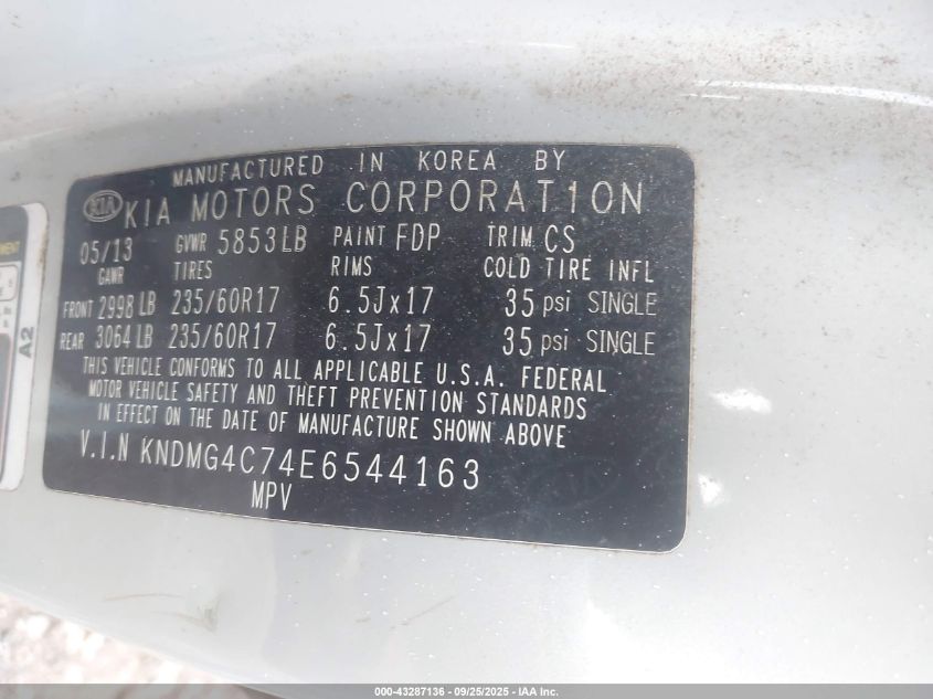 2014 Kia Sedona Lx VIN: KNDMG4C74E6544163 Lot: 43287136