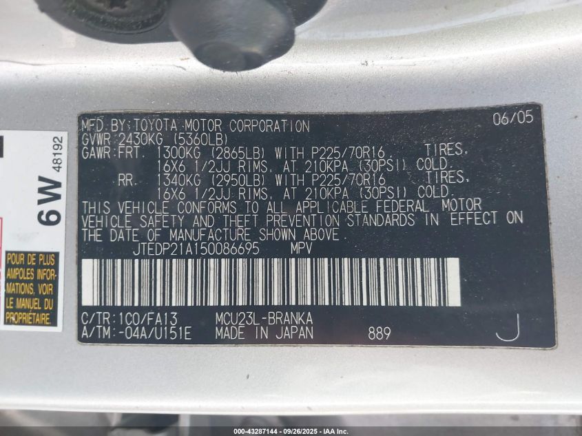 2005 Toyota Highlander V6 VIN: JTEDP21A150086695 Lot: 43287144