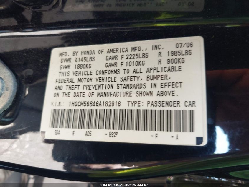2006 Honda Accord 2.4 Ex VIN: 1HGCM56846A182916 Lot: 43287145