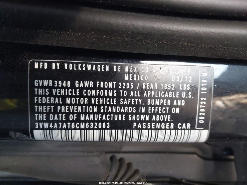 2012 Volkswagen Beetle 2.0T VIN: 3VW4A7AT6CM632063 Lot: 43287149