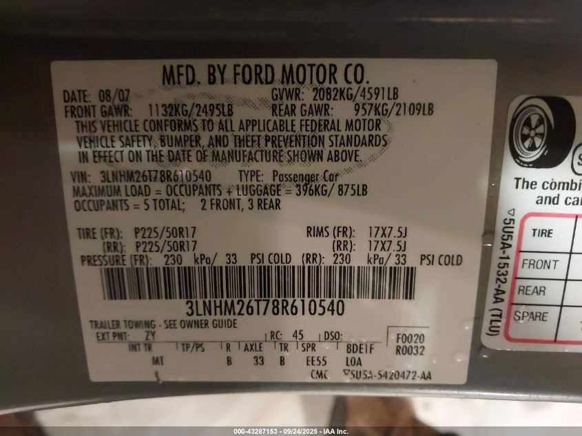 2008 Lincoln Mkz VIN: 3LNHM26T78R610540 Lot: 43287153