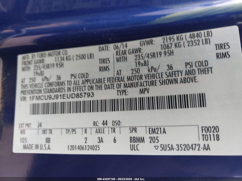 2014 Ford Escape Titanium VIN: 1FMCU9J91EUD85793 Lot: 43287165