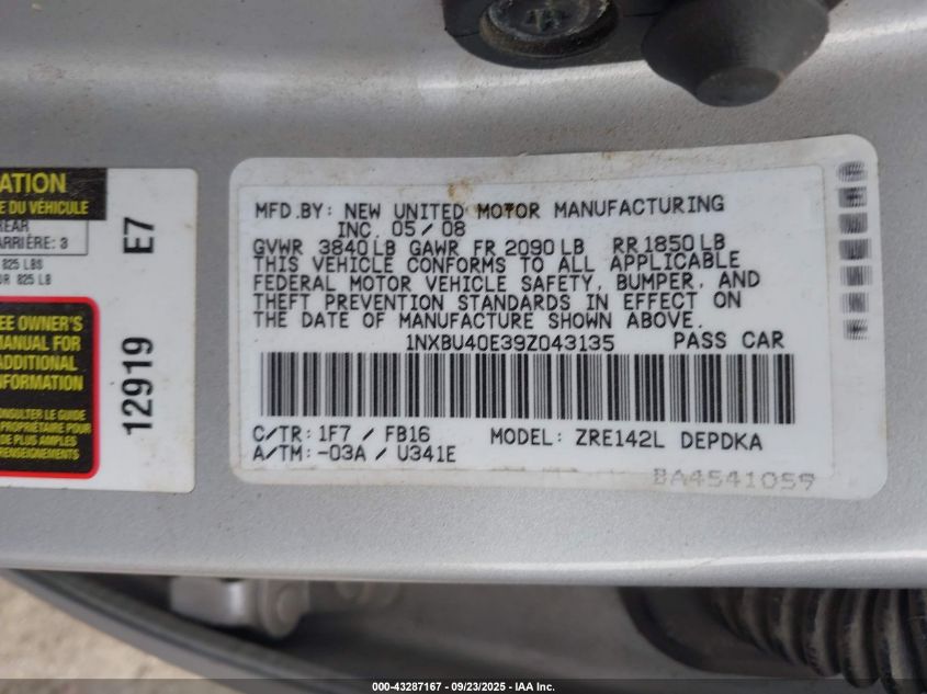 2009 Toyota Corolla Le VIN: 1NXBU40E39Z043135 Lot: 43287167