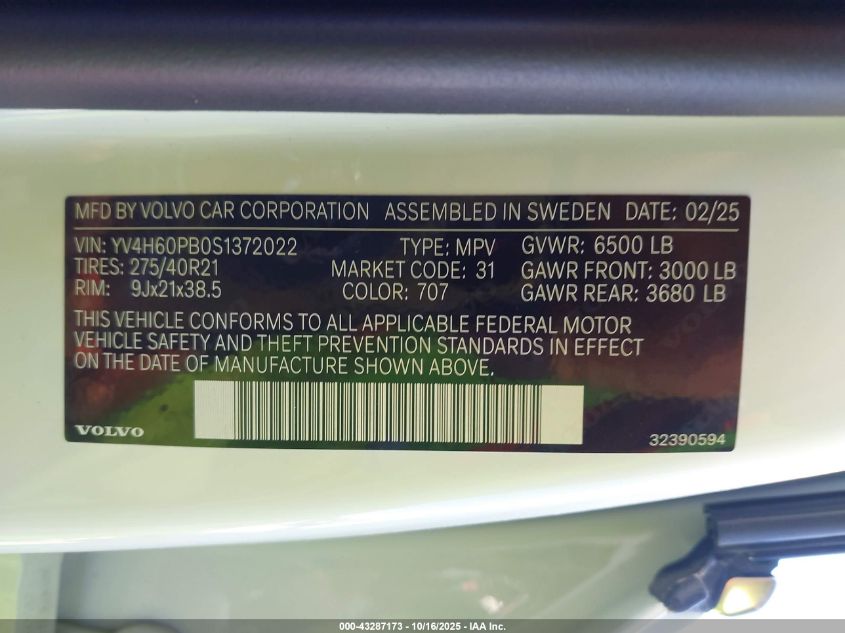 2025 Volvo Xc90 Plug-In Hybrid T8 Plus 7-Seater VIN: YV4H60PB0S1372022 Lot: 43287173