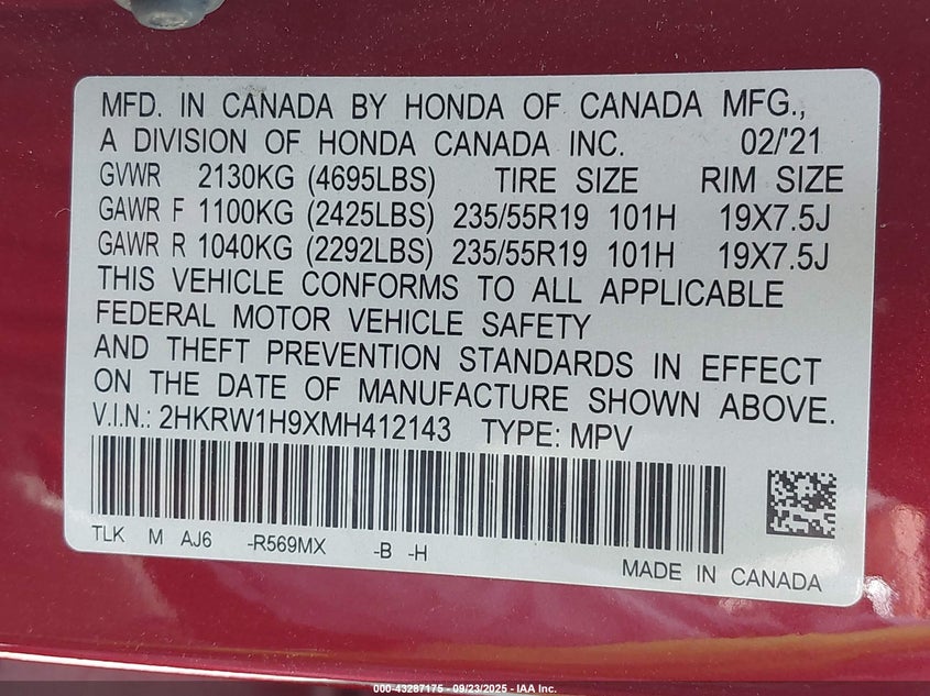 2021 HONDA CR-V 2WD TOURING - 2HKRW1H9XMH412143