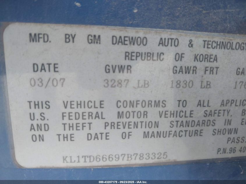2007 Chevrolet Aveo 5 Ls VIN: KL1TD66697B783325 Lot: 43287179