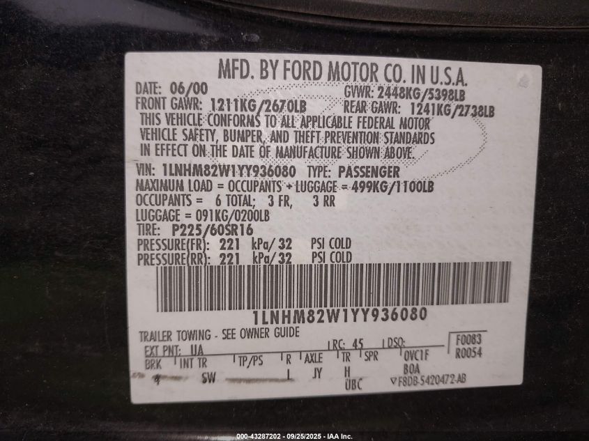 2000 Lincoln Town Car Signature VIN: 1LNHM82W1YY936080 Lot: 43287202