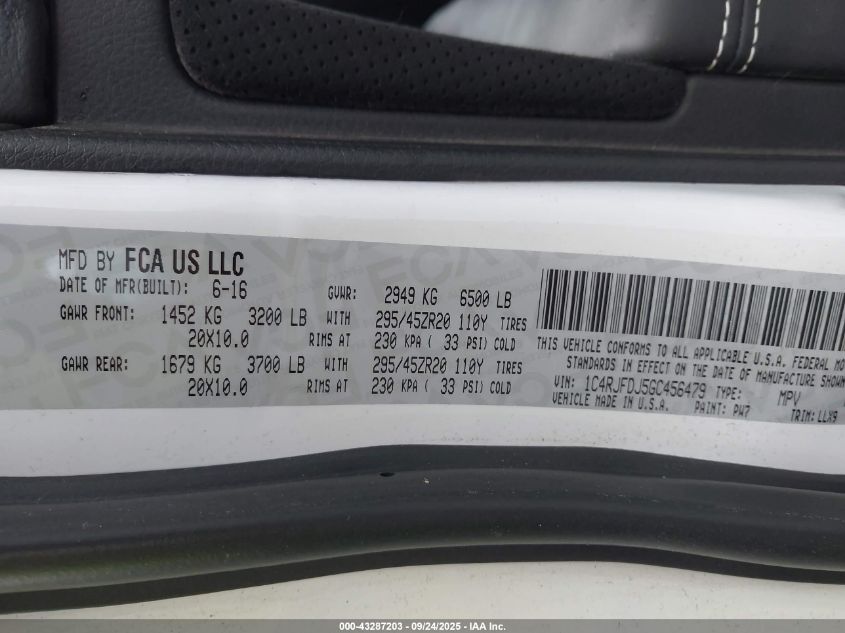 2016 Jeep Grand Cherokee Srt Night VIN: 1C4RJFDJ5GC456479 Lot: 43287203