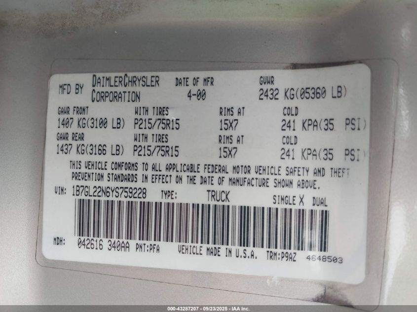 2000 Dodge Dakota Slt/Sport VIN: 1B7GL22N6YS759228 Lot: 43287207