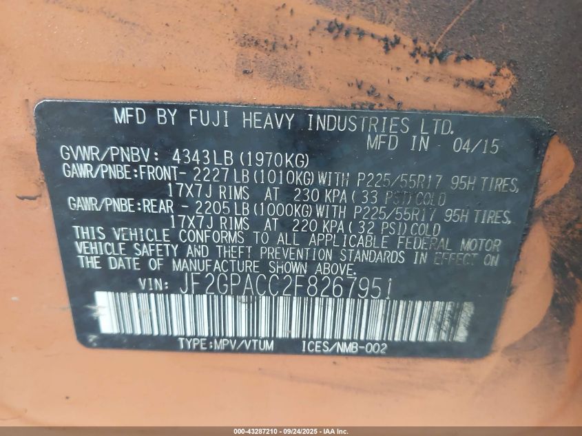 2015 Subaru Xv Crosstrek 2.0I Premium VIN: JF2GPACC2F8267951 Lot: 43287210