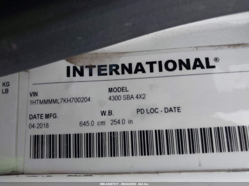 2019 International Durastar 4300 VIN: 1HTMMMML7KH700204 Lot: 43287217