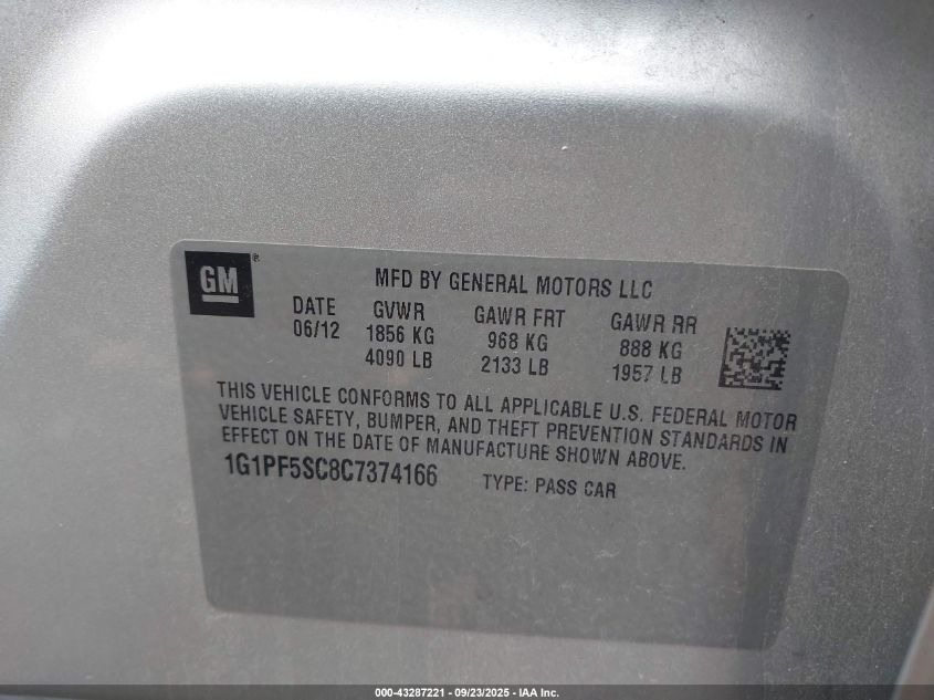 2012 Chevrolet Cruze 1Lt VIN: 1G1PF5SC8C7374166 Lot: 43287221