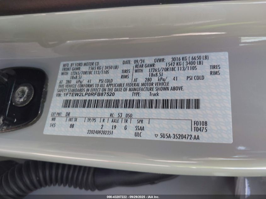 2024 Ford F-150 Stx VIN: 1FTEW2LP0RFB87520 Lot: 43287222