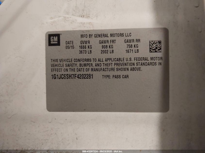 2015 Chevrolet Sonic Lt Auto VIN: 1G1JC6SH7F4202281 Lot: 43287224