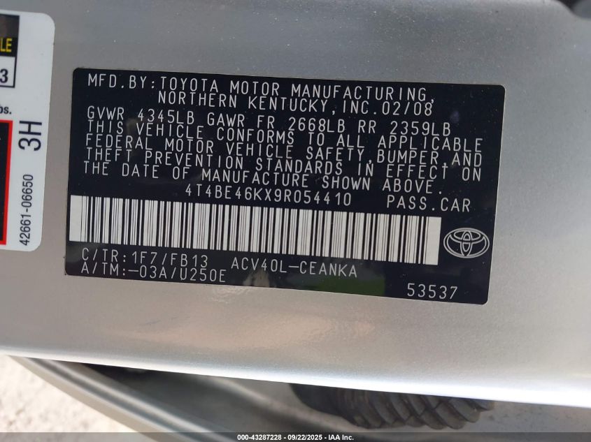 2009 Toyota Camry Le VIN: 4T4BE46KX9R054410 Lot: 43287228