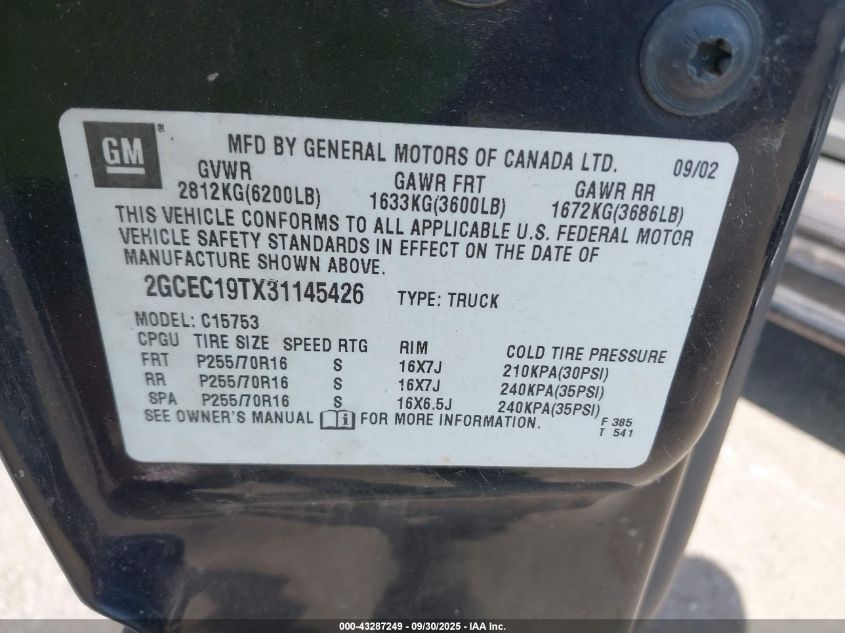 2003 Chevrolet Silverado 1500 Ls VIN: 2GCEC19TX31145426 Lot: 43287249