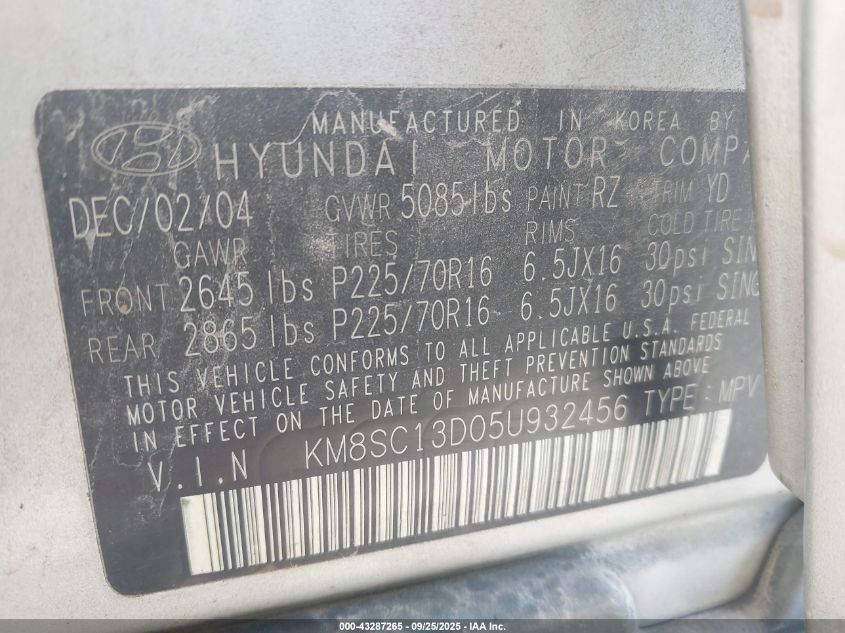 2005 Hyundai Santa Fe Gls VIN: KM8SC13D05U932456 Lot: 43287265