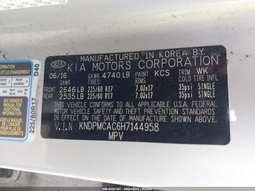 2017 Kia Sportage Lx VIN: KNDPMCAC6H7144958 Lot: 43287287