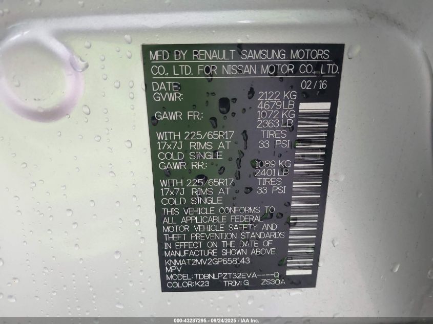 2016 Nissan Rogue S VIN: KNMAT2MV2GP658143 Lot: 43287295