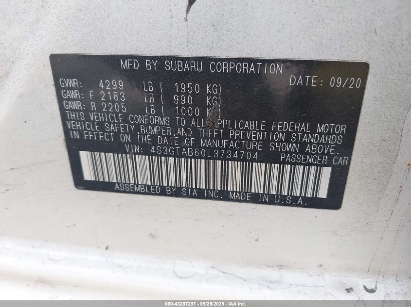 2020 Subaru Impreza 5-Door VIN: 4S3GTAB60L3734704 Lot: 43287297