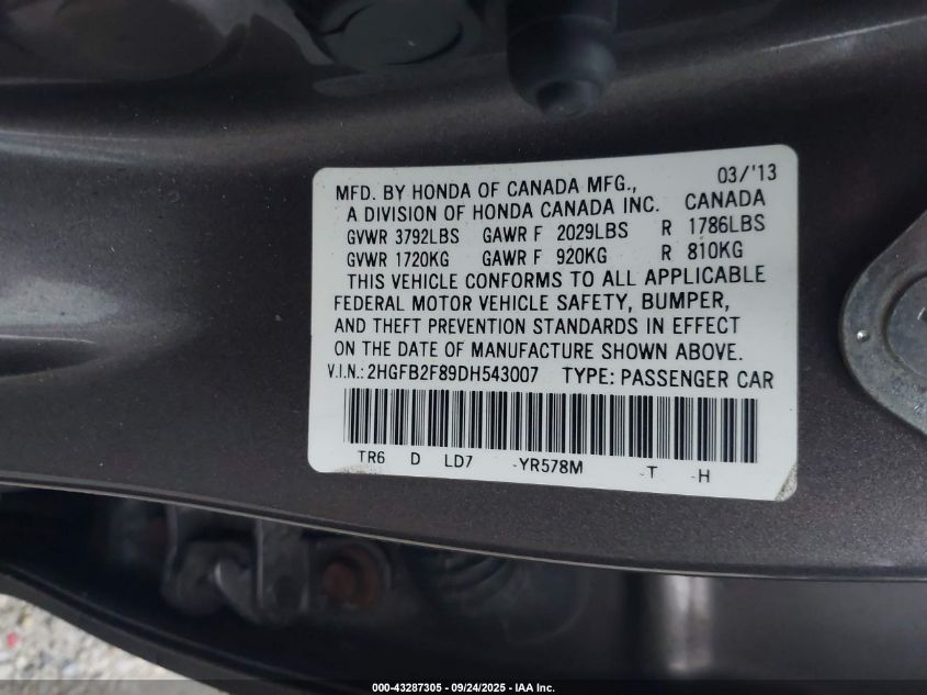 2013 Honda Civic Ex VIN: 2HGFB2F89DH543007 Lot: 43287305