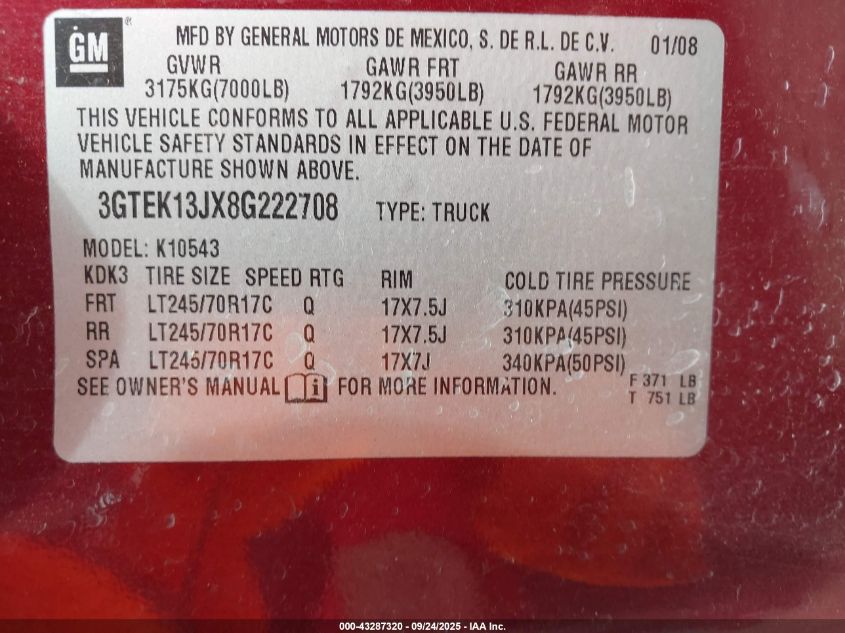 2008 GMC Sierra 1500 Sle2 VIN: 3GTEK13JX8G222708 Lot: 43287320