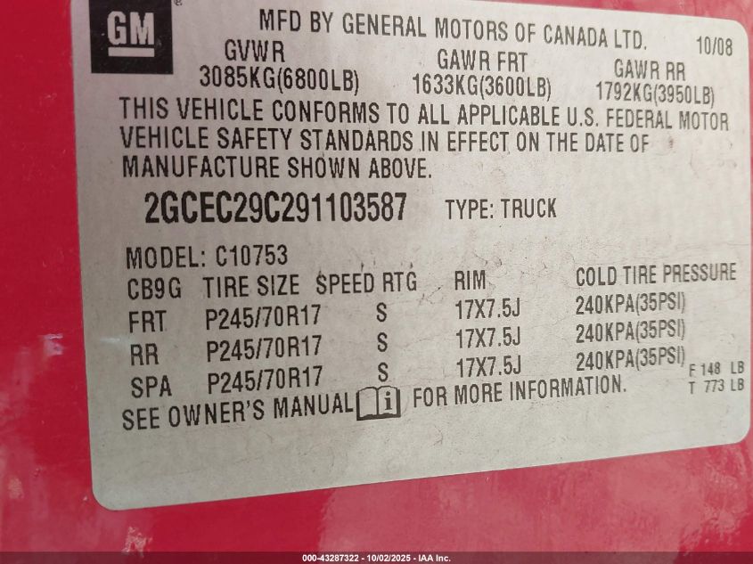 2009 Chevrolet Silverado 1500 Lt VIN: 2GCEC29C291103587 Lot: 43287322