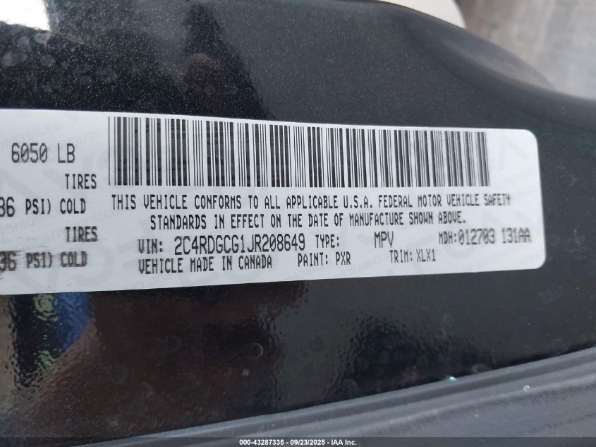 2018 Dodge Grand Caravan Sxt VIN: 2C4RDGCG1JR208649 Lot: 43287335