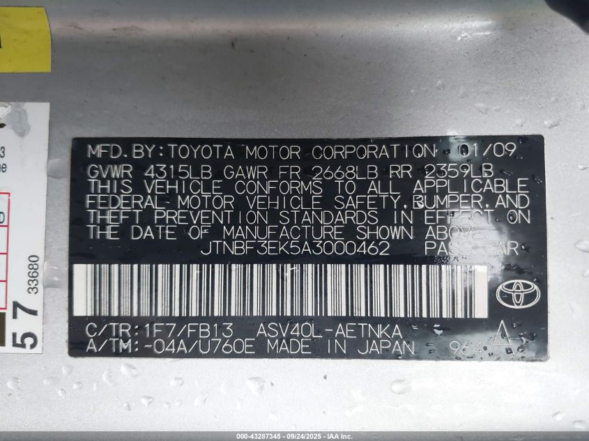 2010 Toyota Camry VIN: JTNBF3EK5A3000462 Lot: 43287345