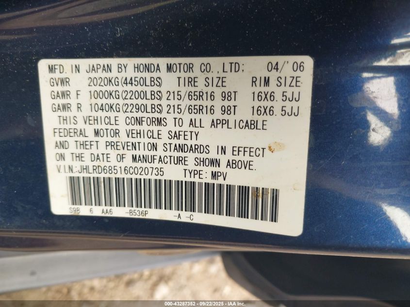 2006 Honda Cr-V Lx VIN: JHLRD68516C020735 Lot: 43287352