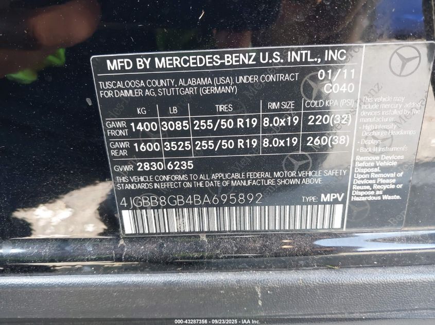 2011 Mercedes-Benz Ml 350 4Matic VIN: 4JGBB8GB4BA695892 Lot: 43287356
