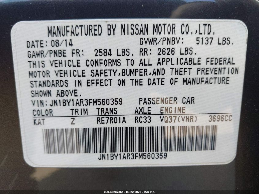 2015 Infiniti Q70 3.7X VIN: JN1BY1AR3FM560359 Lot: 43287361