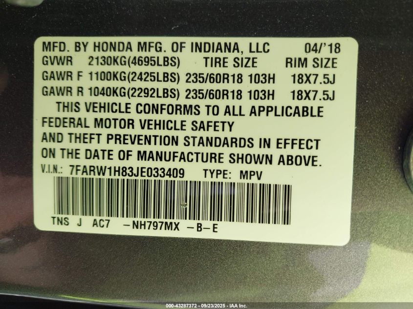 2018 Honda Cr-V Ex-L/Ex-L Navi VIN: 7FARW1H83JE033409 Lot: 43287372