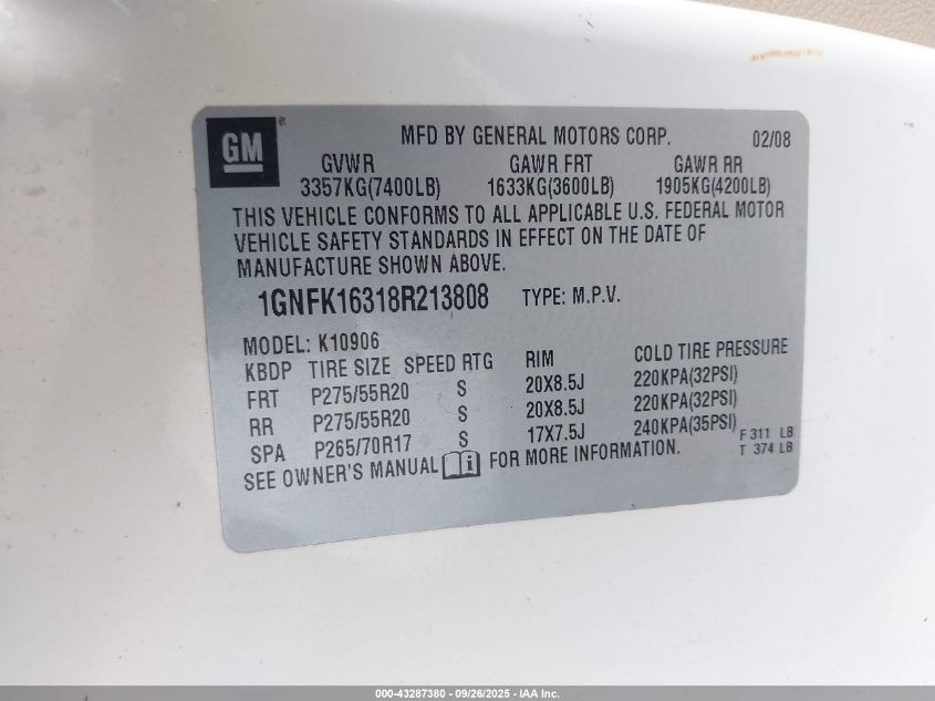 2008 Chevrolet Suburban 1500 Ltz VIN: 1GNFK16318R213808 Lot: 43287380