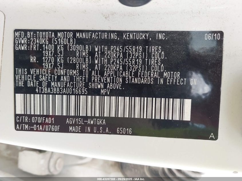 2010 Toyota Venza VIN: 4T3BA3BB3AU016695 Lot: 43287388