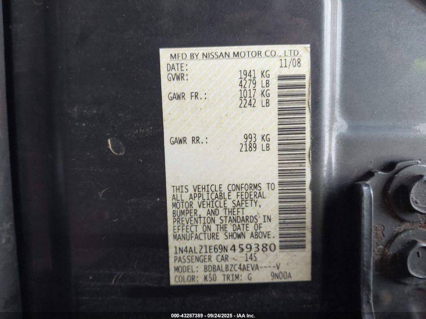 2009 Nissan Altima 2.5 S VIN: 1N4AL21E69N459380 Lot: 43287389
