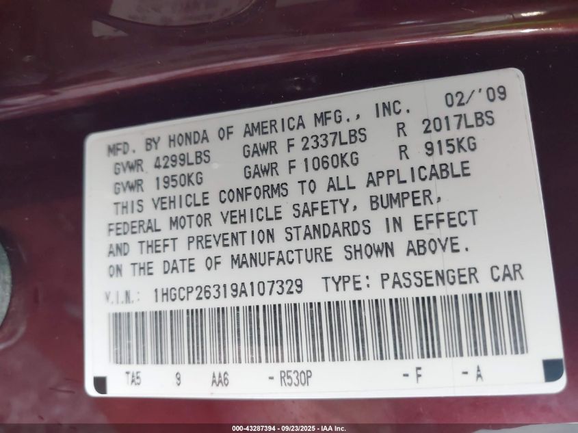 2009 Honda Accord 2.4 Lx VIN: 1HGCP26319A107329 Lot: 43287394