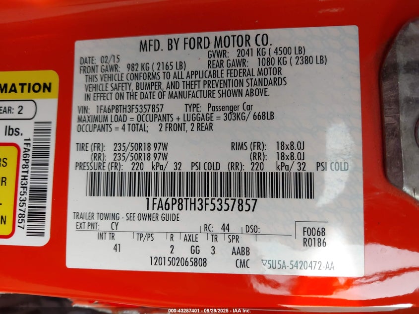 2015 FORD MUSTANG ECOBOOST - 1FA6P8TH3F5357857